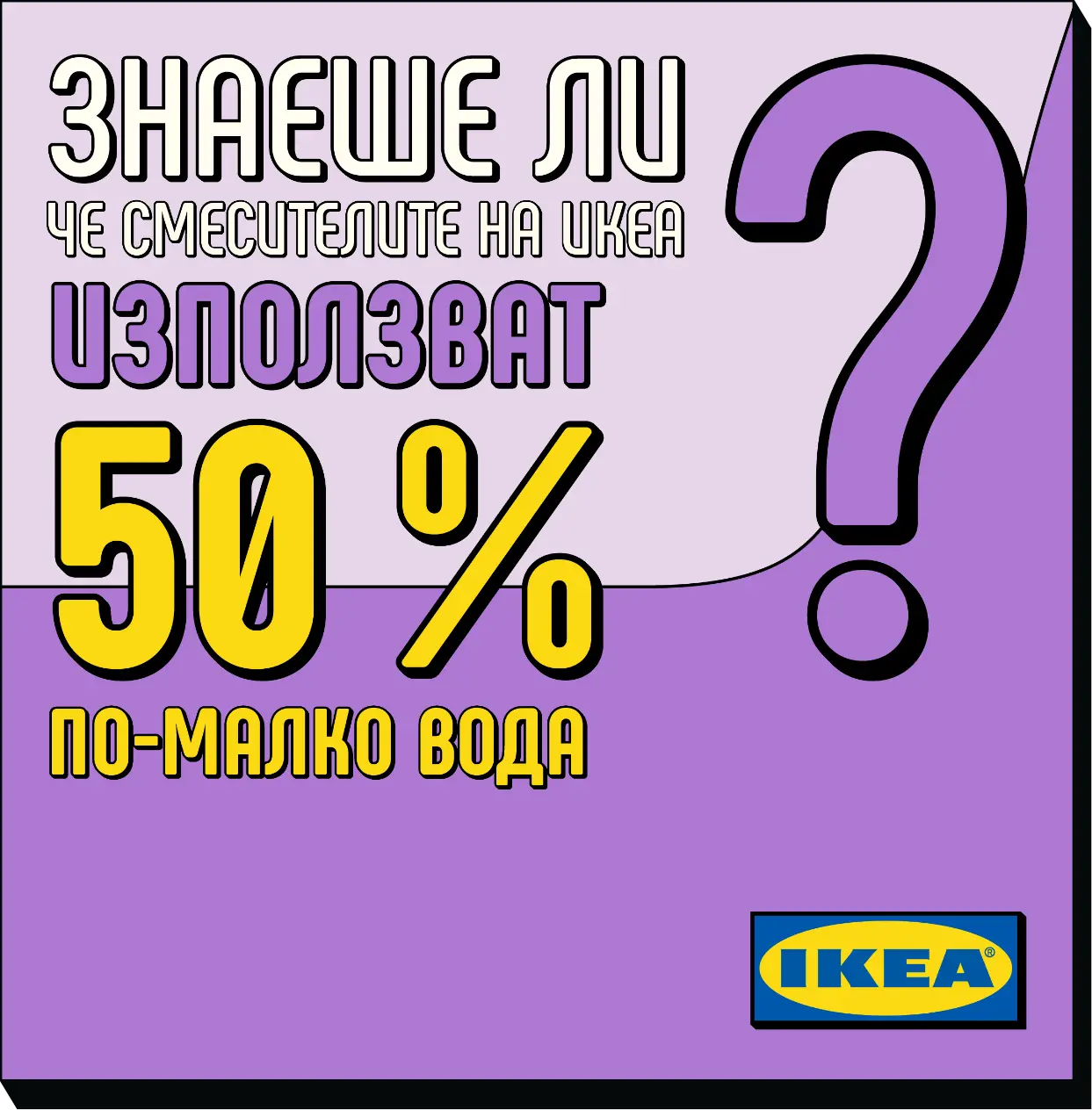 Slide 4: 'Did you know that IKEA faucets use 50% less water?' beside a large purple question mark.